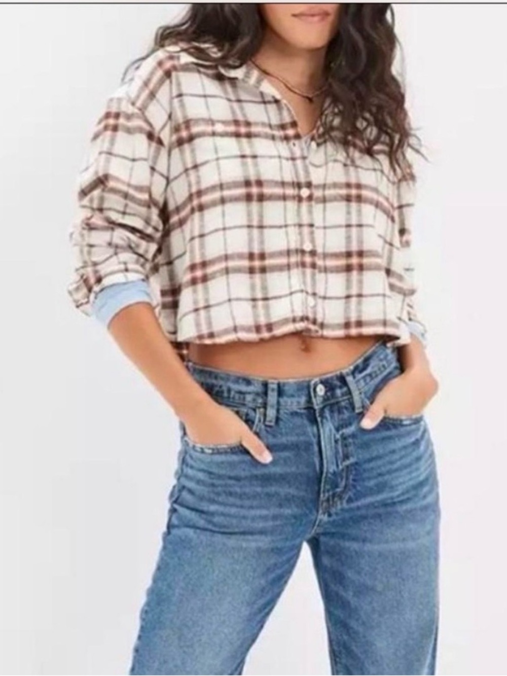 American Eagle Cream and Brown Cropped Flannel